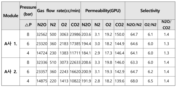 A사 분리막 모듈 투과특성
