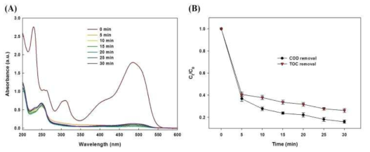시간에 따른 UV-vis 분석 결과(A) 및 COD/TOC 제거율(B)