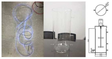 촉매․흡착 반응조 구성(좌:UV-LED strip, 중앙: 석영소재 반응조, 오: 상세 규격)
