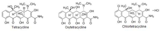 테트라사이클린, 옥시테트라사이클린, 클로르테트라사이클린의 화학적 구조