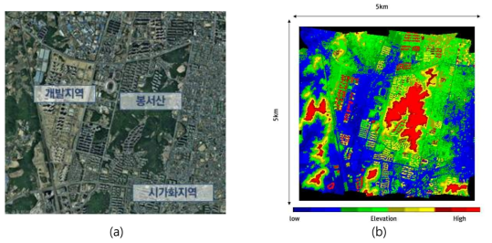 연구대상지인 천안시의 공간적 범위와(a, b) 취득된 항공 LiDAR 데이터(b)(색깔은 고도를 의미함)