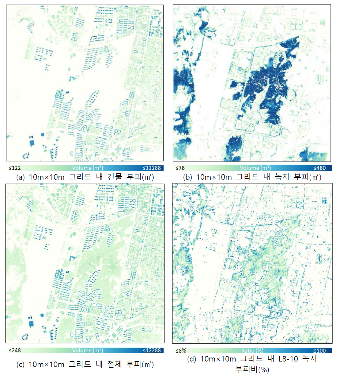 분석진행과정 (a): 건물 부피 계산 결과; (b) 녹지 부피 계산 결과; (c) 전체 부피 계산 결과, (d) 녹지 L8-10m 부피비율 계산 결과