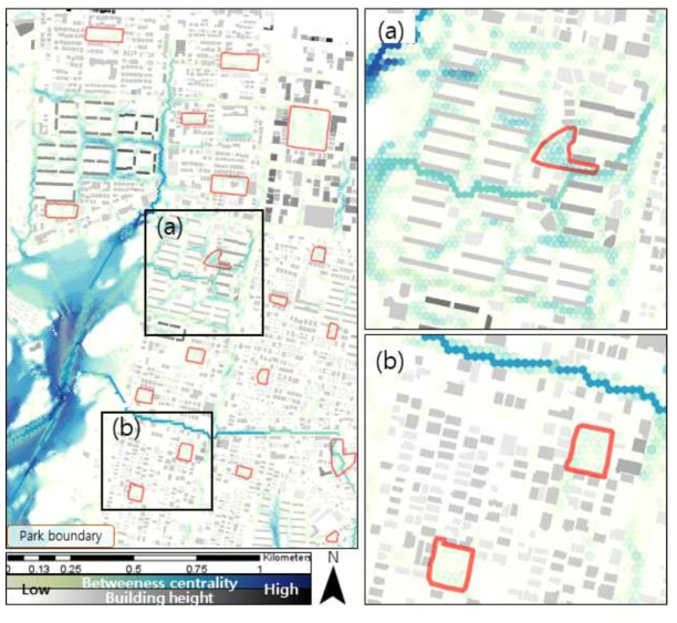 항공 LiDAR 데이터 기반 천안시 생태네트워크 (핵심 및 단절지역) 도출 결과 (a: 저층 아파트 주거단지 내 연결성 분석결과; b: 저층 밀집 주거지 연결성 분석결과)