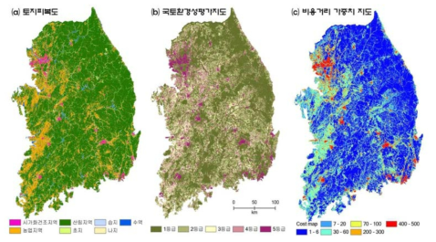 연구 범위 내의 토지 피복도와 국토 환경성 평가지도, 비용거리 가중치 지도