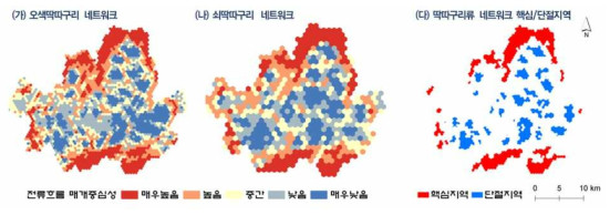 오색딱따구리와 쇠딱따구리의 전류흐름 연결성 기반의 경관 네트워크 지도와 딱따구리류 네트워크의 핵심지역과 단절지역 지도