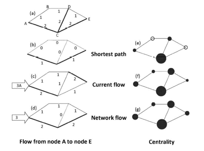 전류 흐름 기반 매개중심성(Current flow betweenness centrality)의 원리(Carroll et al., 2012)