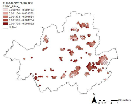 서울시 전류 흐름 매개 중심성 하위 10% 지역 분포