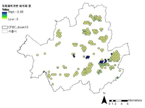 서울시 전류 흐름 매개 중심성 하위 10% 지역의 서식지 질