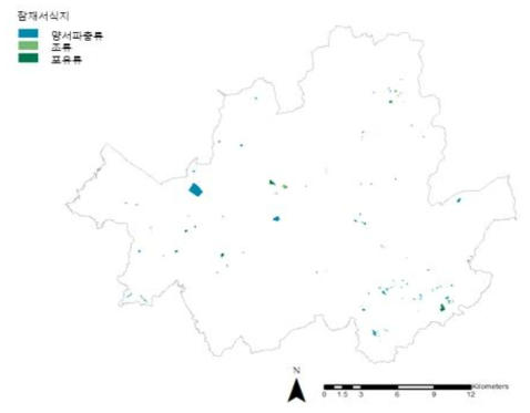 종 출현지점(서울시, 2015)을 활용한 서울시 야생동물 잠재서식지 도출 결과
