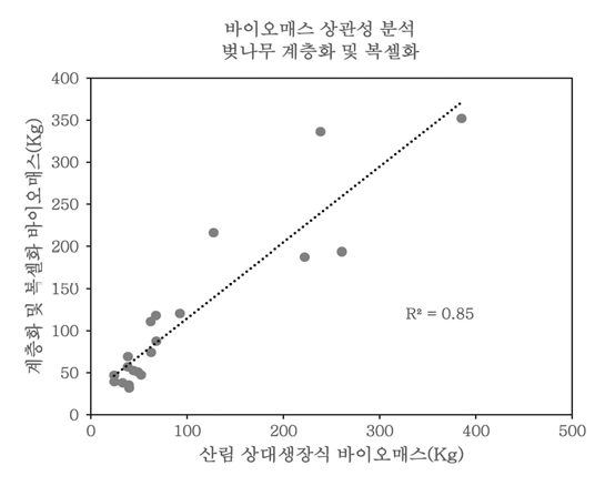 상대생장식과 계층화 및 복셀화 방식에 따른 상관성 분석결과(벚나무)