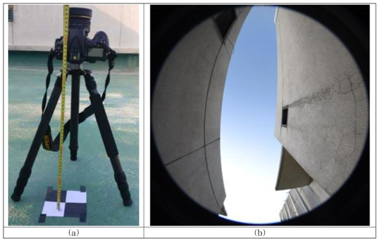 검증용 어안렌즈 사진 촬영 예시: (a)어안렌즈 카메라 설치, (b)어안렌즈 사진 취득