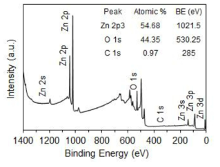 원자층 증착법(ALD) 제작 산화아연(ZnO) 박막의 X선 광전자분광(XPS) 분석 스펙트럼