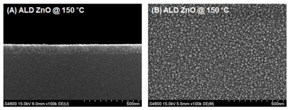 150 ℃ 증착 산화아연(ZnO) 박막의 (A) 단면 및 (B) 표면 주사전자현미경(SEM) 관찰 이미지