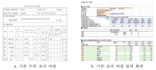 기존 조사 야장 및 야장 입력 화면