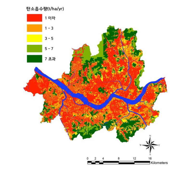 서울시 도시림 탄소흡수 분포도