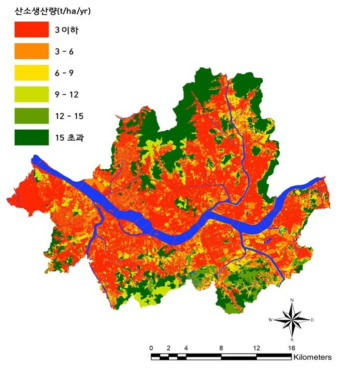 서울시 도시림 산소생산 분포도