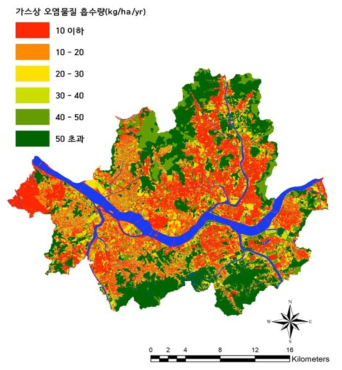 서울시 도시림 가스상 오염물질 흡수 분포도
