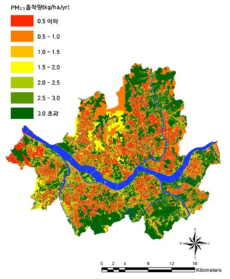 서울시 도시림 PM2.5 흡착 분포도