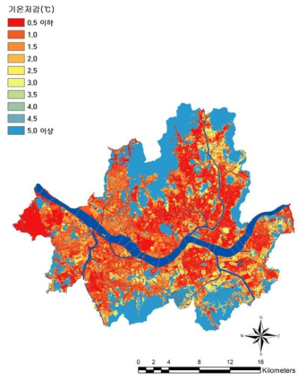 서울시 도시림에 의한 기온 저감 분포도
