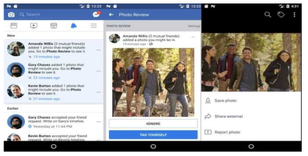 사용자의 얼굴과 사회적 네트워크 관계 추론 알고리즘을 활용한 Facebook 자동 태깅과 알림, Photo Review의 예 (출처: Facebook)