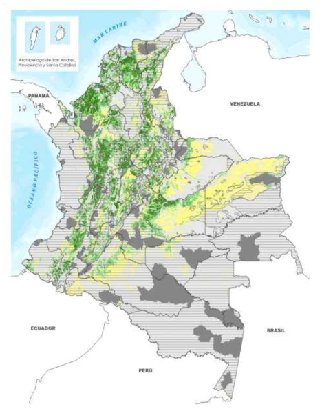 Zoning for commercial forest plantation at 1:100,000 scale (URPA 2014 based on IGAC, digital terrain model, spatial resoultion of 30m.)