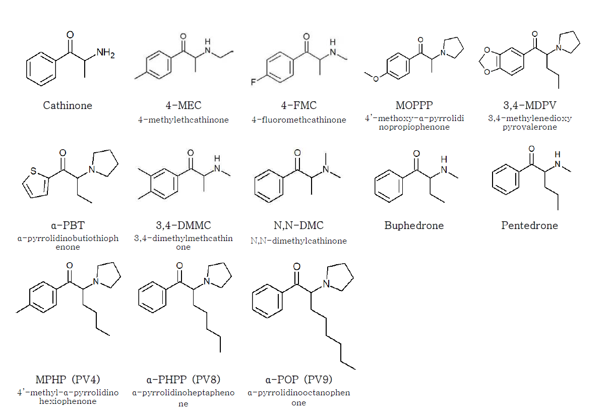 Structures of 13 methcathinone anolgues containing different moieties