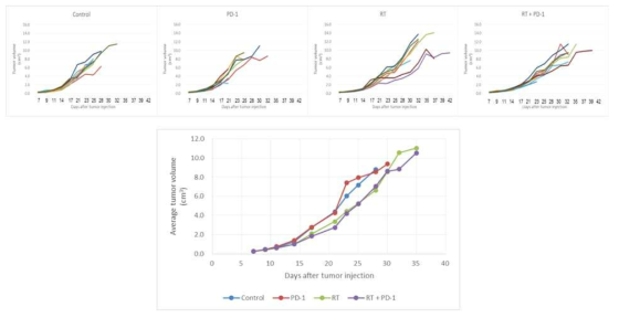 LLC tumor growth after anti-PD1 (n=9), RT (n=9), anti-PD1 and RT (n=9), or no (control) treatment (n=9)