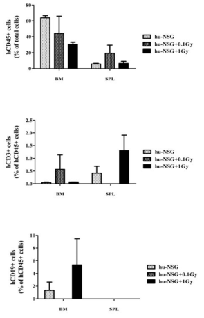 Human cell reconstitution of hu-NSG mice after radiation At 17 weeks after transplantation, mice were exposed 0.1 and 1Gy radiation (0.1Gy/min). After 96 hours, mononuclear cells derived from bone marrow, spleen tissues of humanized NSG mice were isolated and were stained with anti-hCD45, anti-hCD3 and anti-hCD19 antibody. The details were described in Materials and methods and data are means ± SEM. (n=5 for hu-NSG, n=3 for hu-NSG+0.1Gy and 2 for hu-NSG+1Gy)