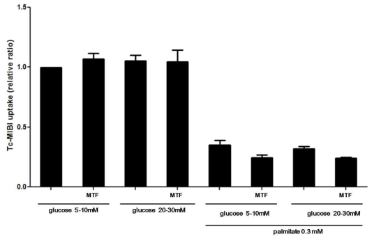 Hep3B cell의 Tc-99m-MIBI에 대한 glucolipotoxic stress와 metformin의 효과 (MTF: metformin 1mM for 24 h)