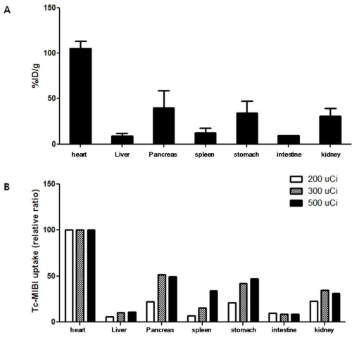 Biodistribution of Tc-99m-MIBI (A) 장기별 생체내 분포 (%ID/g으로 표시) (B) injection dose에 따른 biodistribution의 변화 (심장 섭취를 100%로 해서 표시함)