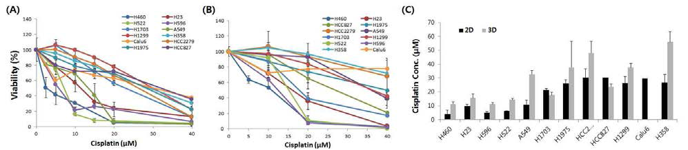 Comparison of cell viability induced by cisplatin in (A) 2D and (B) 3D cultured cells