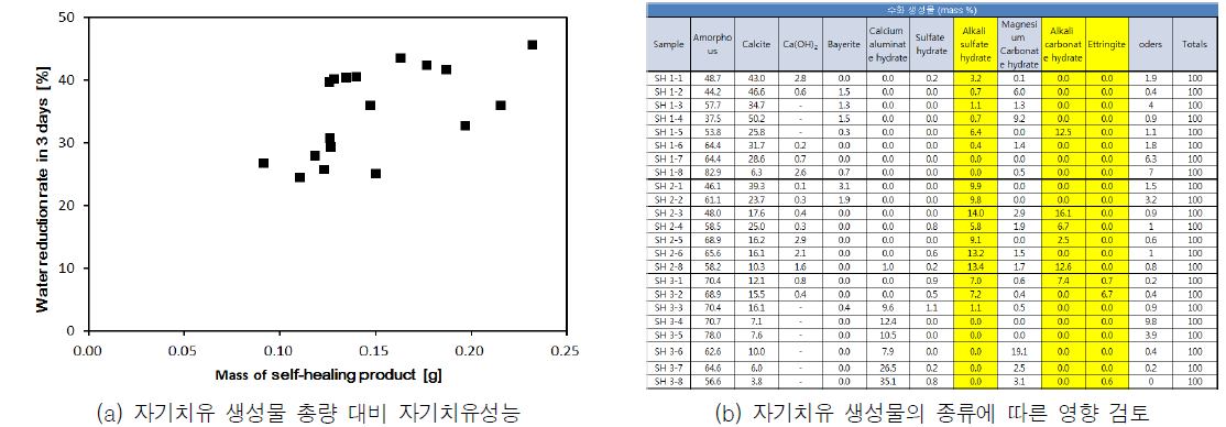 자기치유 생성물과 자기치유성능의 비교 분석을 통한 자기치유 생성물 도출