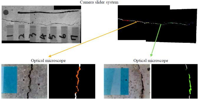 카메라 슬라이더 시스템으로 촬영한 자기치유 콘크리트 표면의 균열 이미지