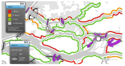 SimDelta의 보, 제방 및 기타 수리 시설물 위험도 표출 예시