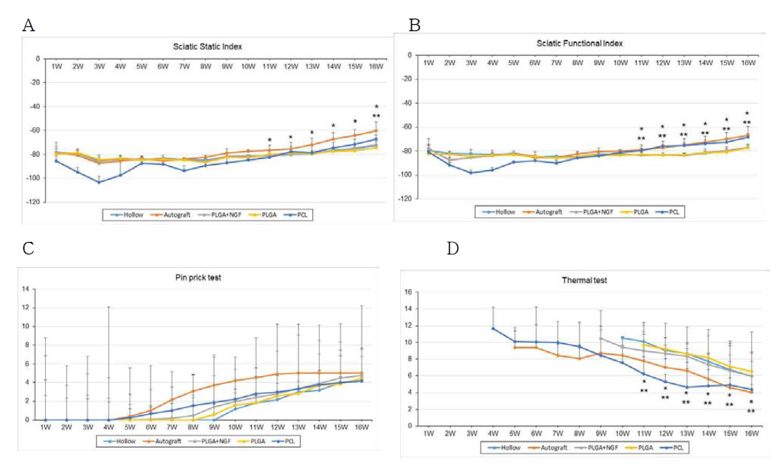 최적화된 신경도관 이식 후 16주간 운동 및 감각기능 향상정도 비교. A. 좌골신경정적지수(sciatic static index, SSI), B. 좌골신경기능지수(sciatic functional index, SFI), C. 통증감각(pin prick)테스트, D. 온도 감각(thermal sense) 테스트 결과