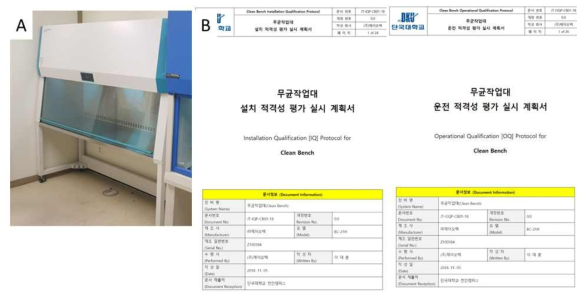 GMP 생산을 위한 크린벤치(A)와 적격성 평가서류(B)