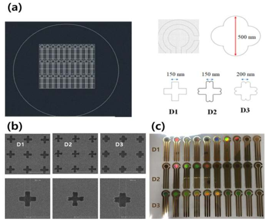 나노 필러 패턴 디자인 (D1, D2, D3). (a) 포토마스크 및 (b) E-beam을 이용한 lithography 결과, (c) 나노 필러 전극의 실물