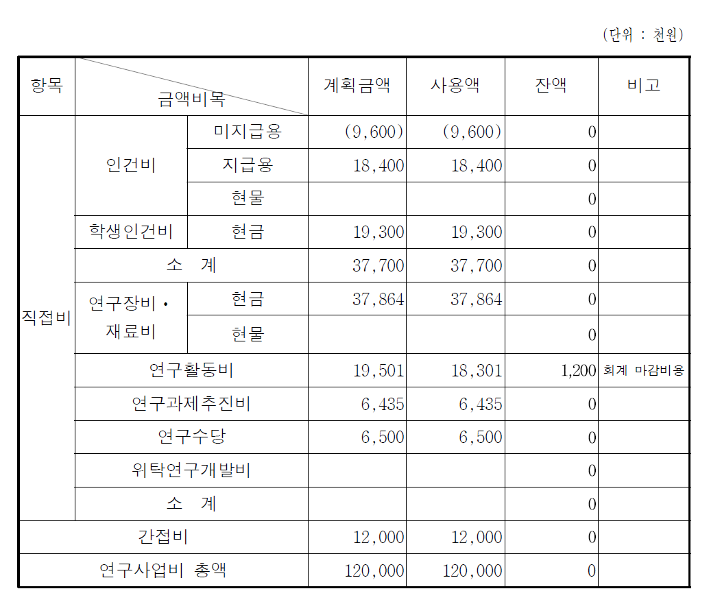 2019년도 연구비 집행실적