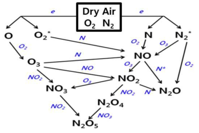 Schematic diagram of the primary chemical reactions in a dry air plasma following electron impact on N2 and O2