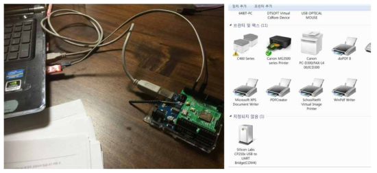 (좌) USB to TTL 커넥터를 통하여 아두이노 우노에 설치한 LoRa 쉴드 (우) COM4에 LoRa쉴드가 연결됨을 장치관리자로 확인