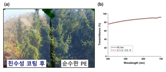 코팅 전후 PE 필름의 (a) 투과 비교 사진 및 (b) UV-vis spectroscopy로 측정한 투과도 그래프