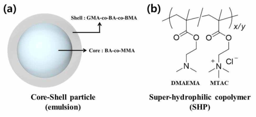 epoxy기를 가지는 core-shell 나노파티클 모식도 및 Zwitterion을 가지는 초친수성 고분자 화학식