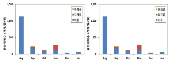 정치망 조사시 출현량 및 생체량