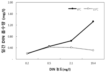 DIN 농도에 따른 김의 일간 DIN 흡수량