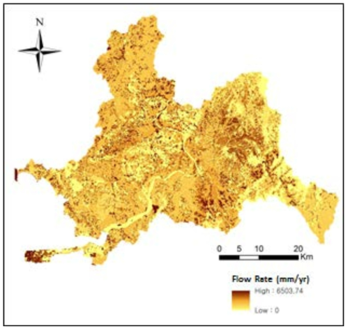 유역모델의 공간분포 모의결과 예시 (격자별 누적 유출유량)