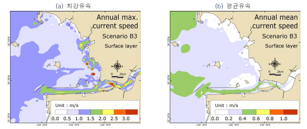 표층 최강 및 평균 유속 분포 (시나리오 B3)