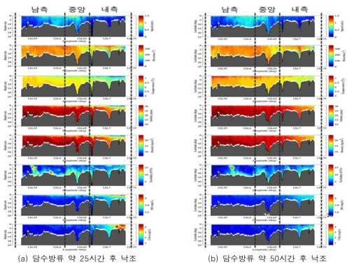 담수방류 약 (a) 25시간 및 (b) 50시간 후 낙조 시 측선조사 결과 예시