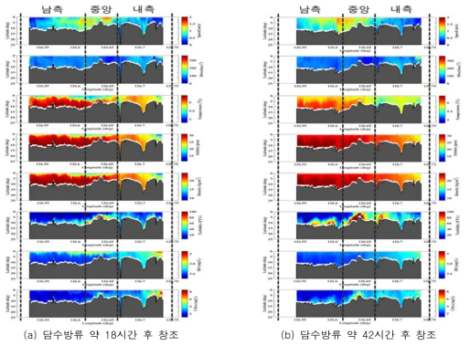 담수방류 약 (a) 18시간 및 (b) 42시간 후 창조 시 측선조사 결과 예시