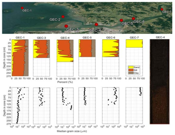 하구 횡단면에 따른 코어의 수직적 퇴적물 구성(좌) 및 퇴적층서(우)
