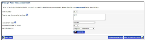 CSD 사전 평가 계획 화면 출처: CSD, http://cook.wou.edu/describePreassessment.php(2019. 6. 13. 검색)